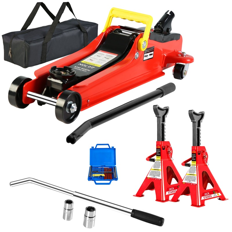 2 Ton Low Profile Floor Jack + 3 Ton Jack Stand Tire Repair Kit L-Wrench Heavy Duty Steel with Single Piston Quick Lift Pump Lifting Range 3.3″-15.2″