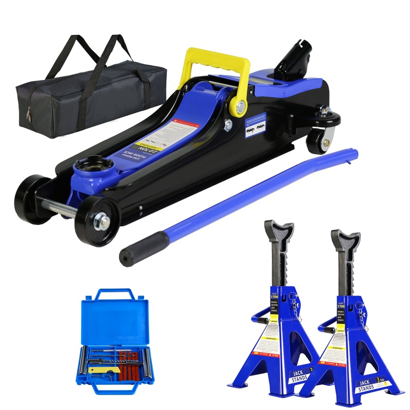 2 Ton Low Profile Floor Jack 3t Stand Tire Repair Kit Heavy Duty Steel Racing with Single Piston Quick Lift Pump Lifting Range 3.3″-15.2″
