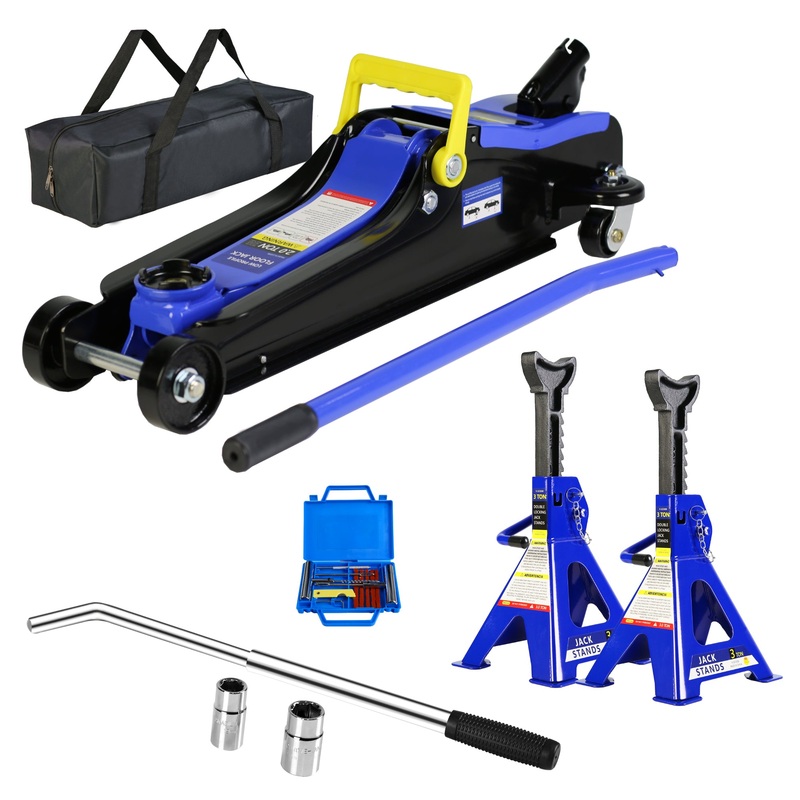 2 Ton Low Profile Floor Jack 3t Stand Tire Repair Kit L-Wrench Heavy Duty Steel Racing with Single Piston Quick Lift Pump Lifting Range 3.3″-15.2″