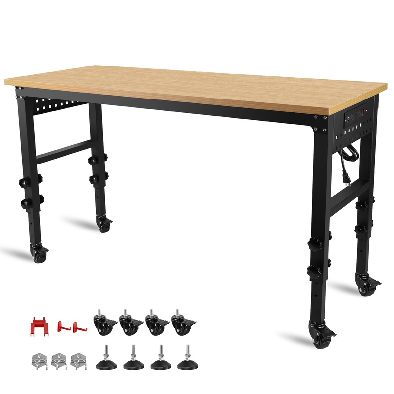 60″ 24” Adjustable Workbench Heavy-Duty with Power Outlet and Wheels Large Load Capacity Rubber Wood Top