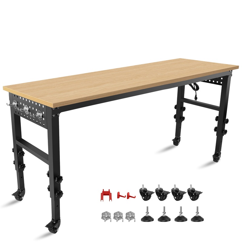 72″ 24” Adjustable Workbench Heavy-Duty with Power Outlet and Wheels Rubber Wood Top Large Load Capacity