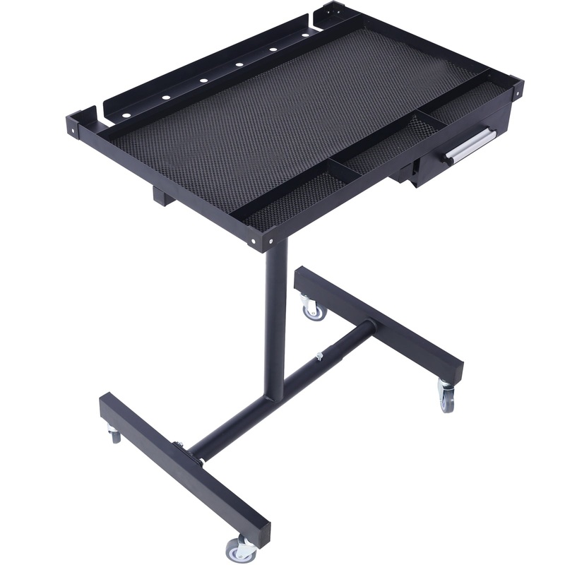 Adjustable Tear Down Work Table with Drawer (4) 2.5″ Swivel Casters 220 Lbs Capacity Rubber Corners Heavy Duty Steel–Black