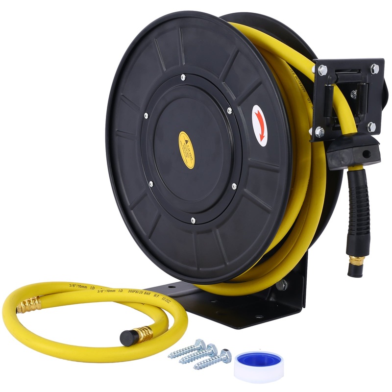 Air Reel Retractable 3/8″ Inch x 50′ Feet Flex Hybrid Polymer Hose Max 300 PSI Heavy Duty Steel Frame