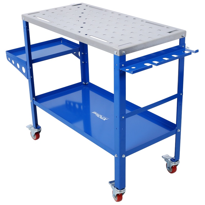 Welding Workbench on Wheels 36″x18″ 1200lbs Capacity Steel  Portable with Braking Lockable Casters Tool Slots 5/8-inch Fixture Holes Tray Blue