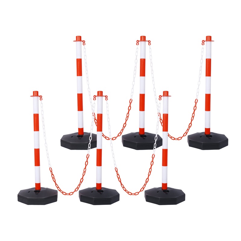 6 Pack Traffic Delineator Post Cones with Fillable Base Adjustable Safety Barrier with 5Ft Plastic Chain–White+Red
