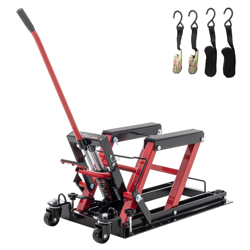 Hydraulic Motorcycle Lift Jack 1500 LBS Capacity Foot Operated Table ATV Scissor with 4.5″ 15″ Lifting Range Portable with Wheels–Red