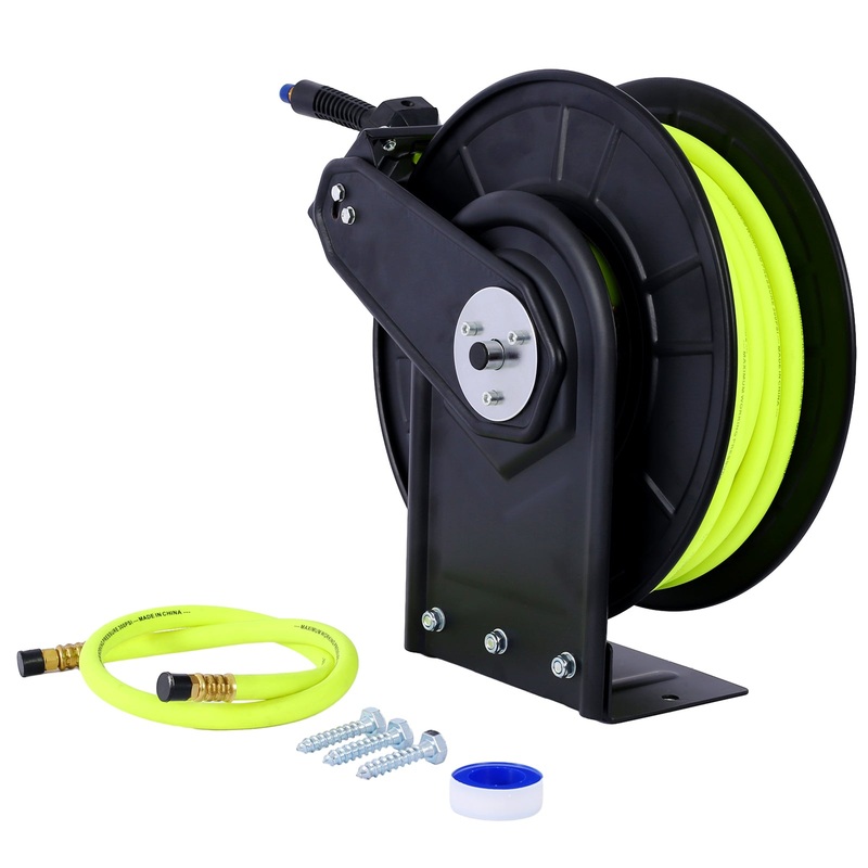Retractable Air Hose Reel With 3/8″ Inch x 50′ Ft Heavy Duty Steel Auto Rewind Pneumatic Industrial Grade Rubber 300 PSI–Black