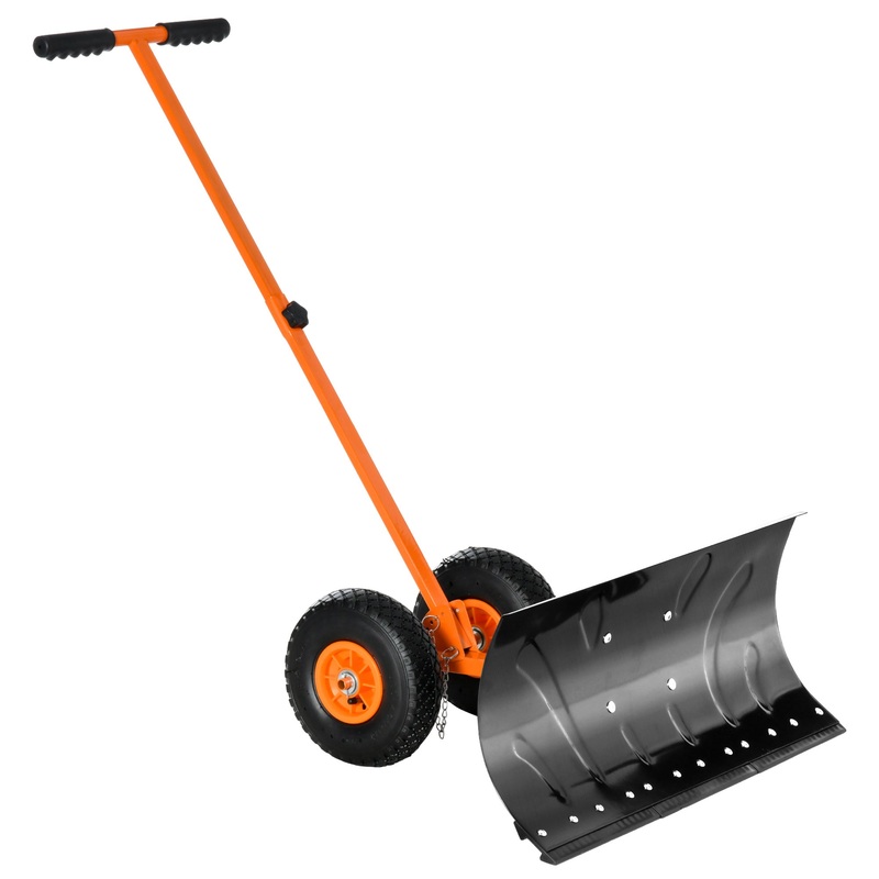 Snow Shovel Pusher with Wheels Cushioned Adjustable Angle Handle Snow Removal Tool 29″ Blade 10″ Wheels Orange