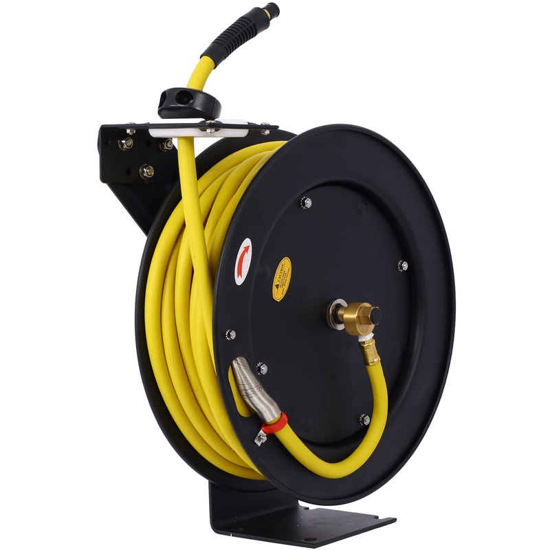 Air Hose Reel Retractable 3/8″ Inch x 50′ Foot SBR Rubber Max 300PSI Heavy Duty Industrial Steel Single Arm Construction