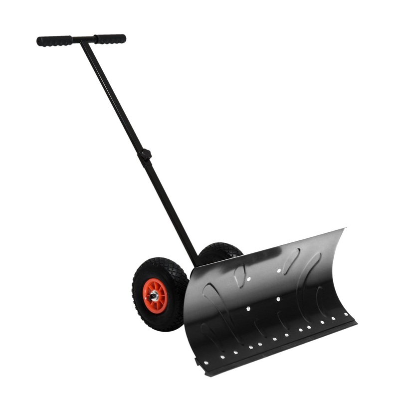 Snow Shovel with Wheels Pusher Cushioned Adjustable Angle Handle Removal Tool 29″ Blade 10″ Wheels–Black