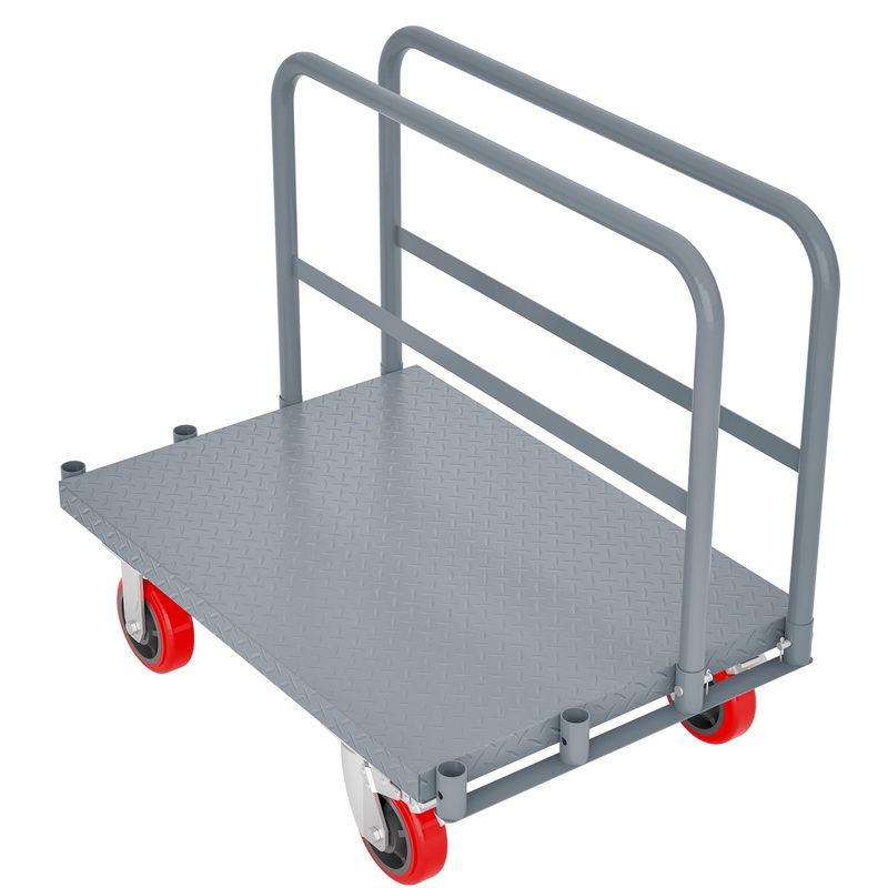 Steel Panel Truck Heavy Duty Drywall Lumber Cart Platform Flat 2000lbs 6″ Swivel Brake Casters with 1 Front and 2 Side Handrails 36”x24”–Grey