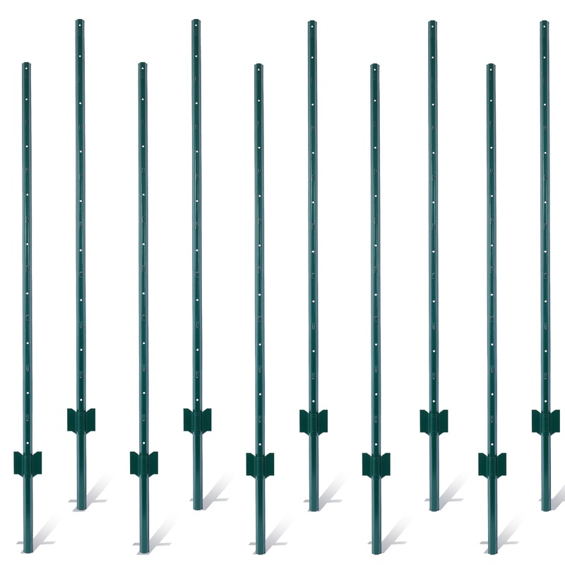 5Feet 10Pack Heavy Duty Metal Fence Post with U-Channel Steel U-Post for Holding Garden Wire Corner Anchor–Green