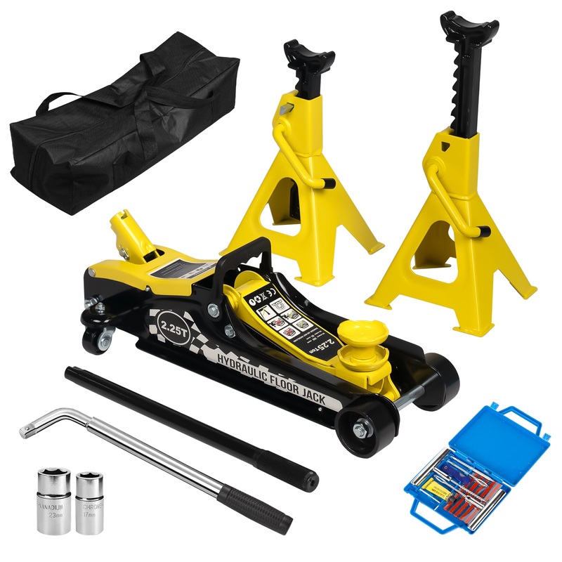 Lifting Range 3.35″-14.17″ 2.25 Ton Hydraulic Floor Jack 3 Ton Jack Stands Tire Repair kit Low Profile Service 4960 LB Capacity Double Locking Pins–Yellow