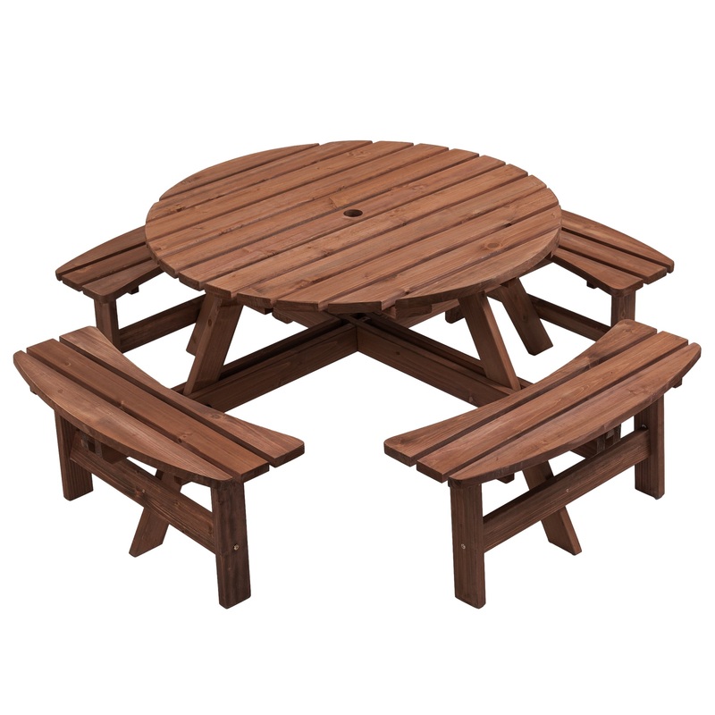 8 Person Wooden Picnic Table with 4 Built-in Benches 2220lbs Capacity–Brown