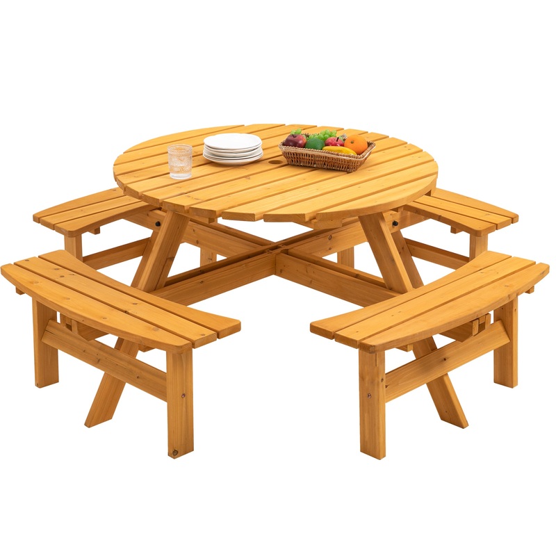 8 Person Wooden Picnic Table with 4 Built-in Benches 2220lbs Capacity–Natural