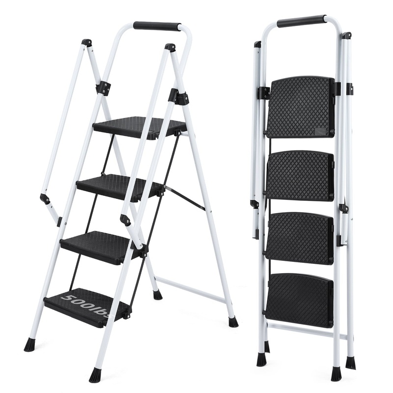White 4-Step Ladder Light Folding Wide Anti-skid Pedal and Safety Handle Strong Steel