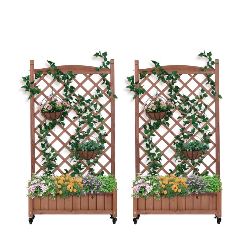 2 Pack Raised Garden Bed with Trellis Wooden Planter Box & Plant Stand with Climbing Racks