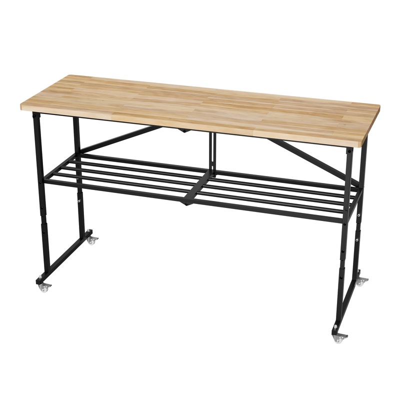 Heavy-Duty Folding Butcher Block Workbench Portable Wood Top Utility Table with Locking Casters & Quick-Collapse Steel Frame