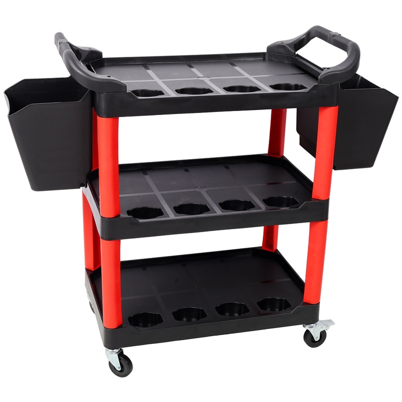 3 Tier Rolling Auto Detail Cart with Wheels and 2 Pcs Bucket–Red&Black