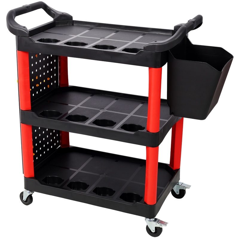 3 Tier Rolling Auto Detail Cart with Wheels & Bucket & Panel & Hook–Red&Black