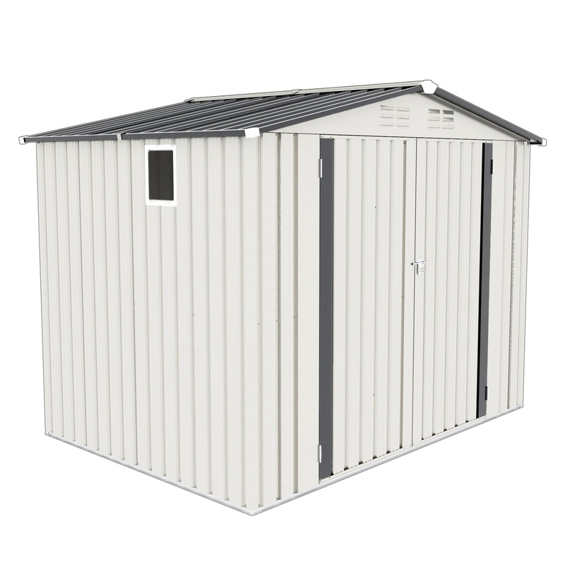 8X6FT Metal Outdoor Storage Shed with Pitched Roof and Side Window–White+Gray