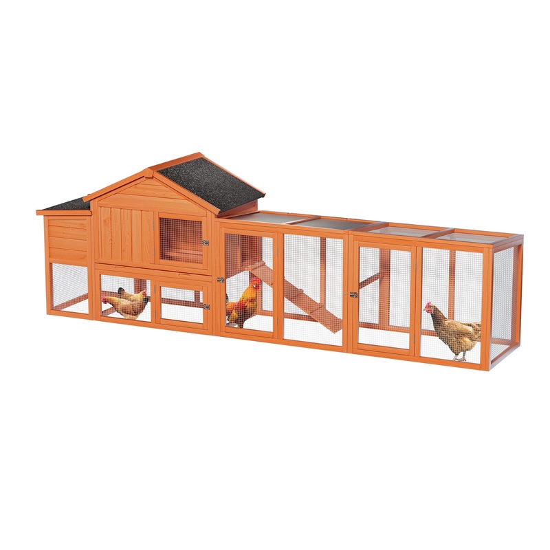 113.5″ Large Wooden Chicken Coop with Run Waterproof Roof & Nesting Box Secure Lock Removable Tray Ramp & Perch