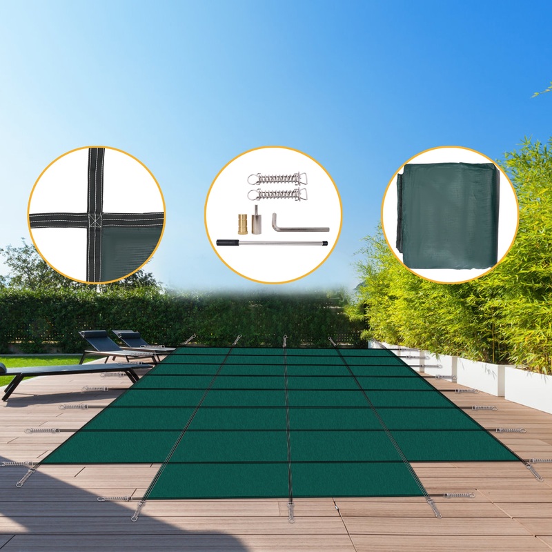 Pool Safety Cover Fits 18x36ft Rectangular Inground with 4x8ft Center End Step Triple Stitched High Strength Mesh PP Great Rain Permeability Installation Hardware–Green Mesh