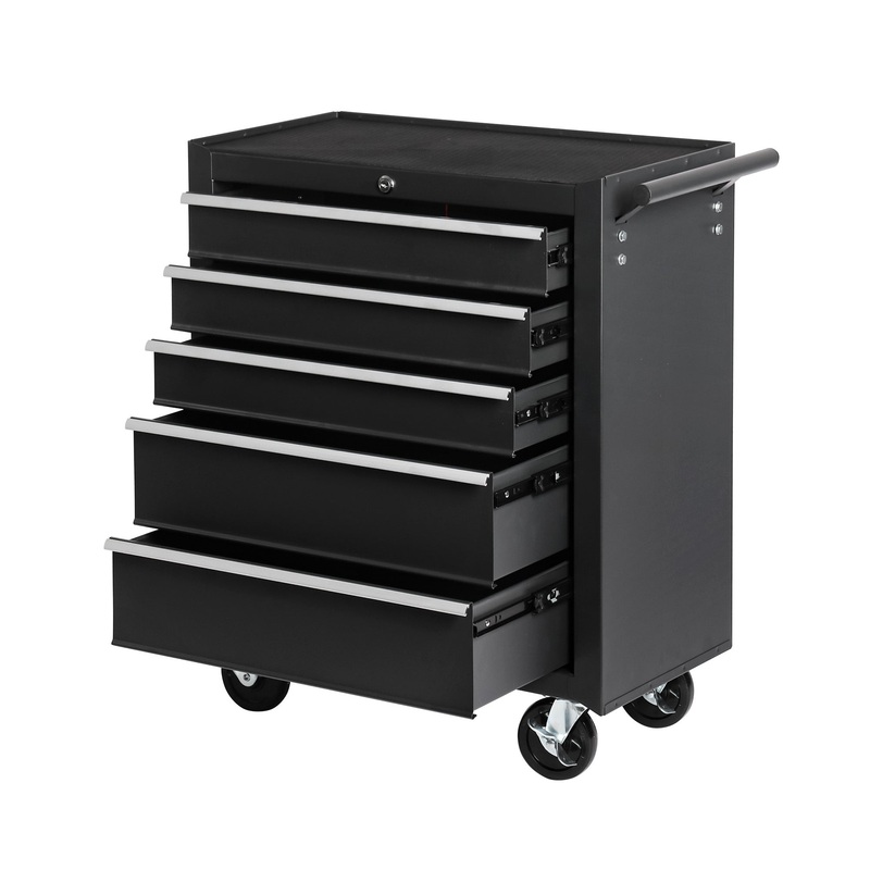 5-Drawer Rolling Tool Chest w/Lock & Key Wheels Top Cushion & Drawer Liners–Black