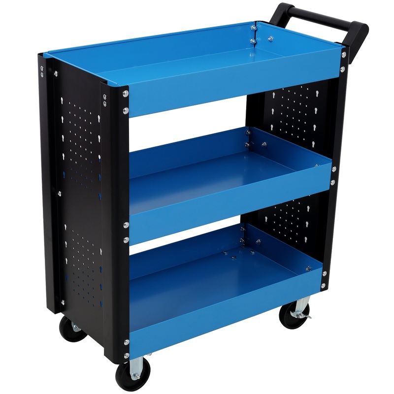 3 Tier Rolling Tool Cart on Wheels with Pegboard Heavy Duty Utility–Blue
