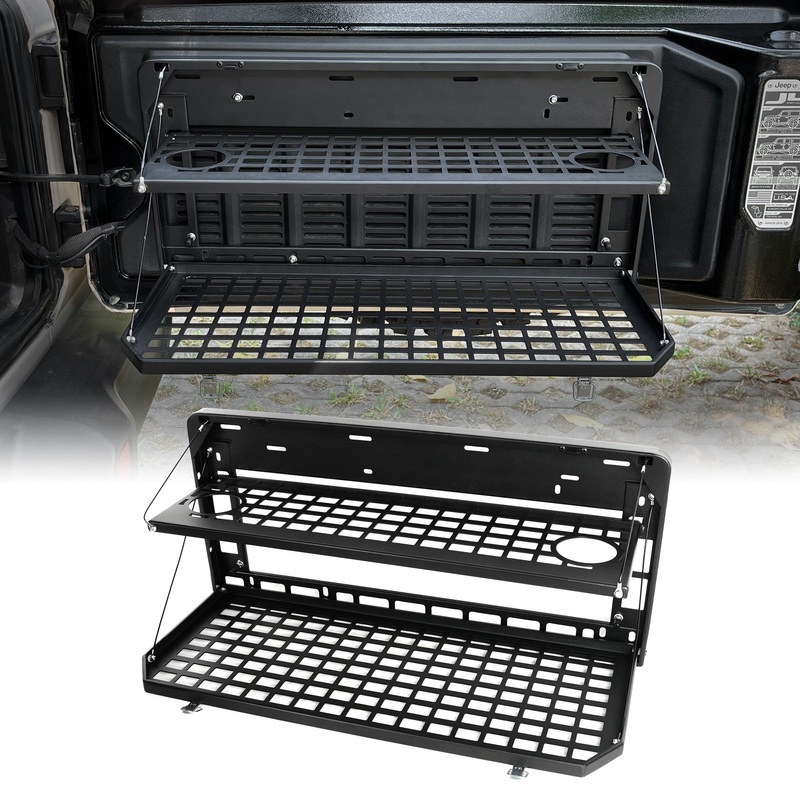2-Tier Tailgate Table Rear Foldable Storage Cargo Rack Fits for 2007-2022 Jeep Wrangler JK&JL 4 Door (Not Fit JK Models with Stock Subwoofer)