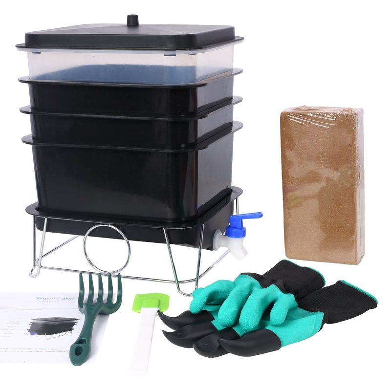 Durable Worm Farm Composting Bin with 4-Tray System Plastic–Black