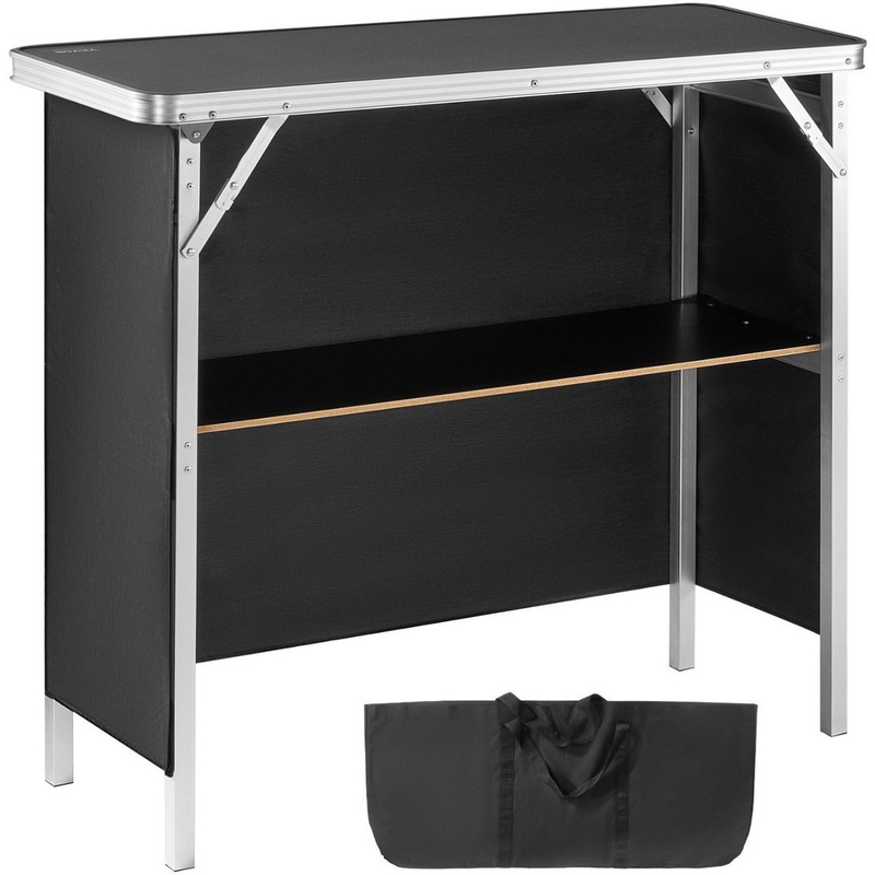 Folding Portable Bar Table 38.39″x15.16″x34.25″ Tradeshow Podium with Carrying Case Storage Shelf & Black Skirt