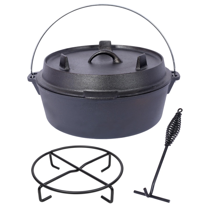 Pre-Seasoned Cast Iron Dutch Oven with Skillet Lid and Iron Pot Rack 12 Quart–Black