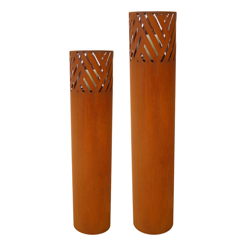 Set of 2 Lantern Column Including Candles Decorative Column in Rust Industrial Design Oriental 37 1/2 + 29 1/2 in