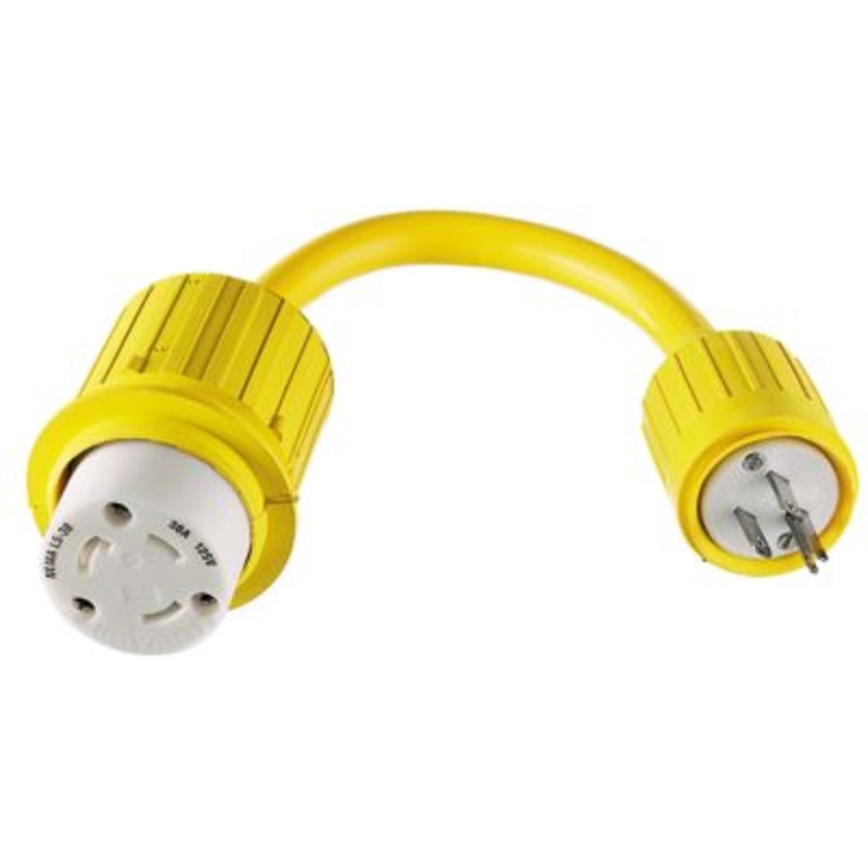 Hubbell HBL104 Yellow Watertight 30A 125V Locking Female to 15A Straight Blade Male Adapter