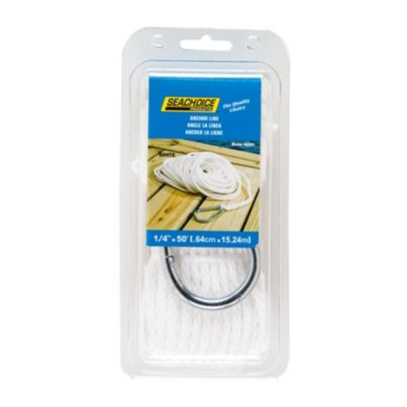 Seachoice 40201 Hollow Braid Polypropylene Anchor Line, White, 1/4″ x 50′