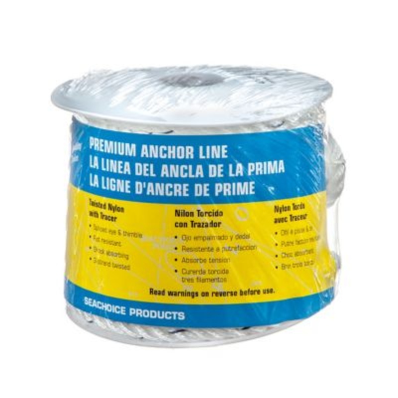 Seachoice 47691 Premium 3-Strand Twisted Nylon Anchor Line White With Blue Tracer, 3/8″ x 50′