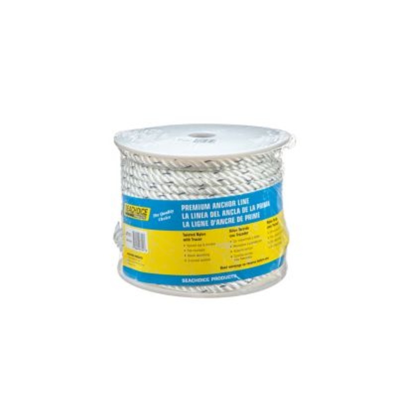 Seachoice 47721 Premium 3-Strand Twisted Nylon Anchor Line White With Blue Tracer, 3/8″ x 150′
