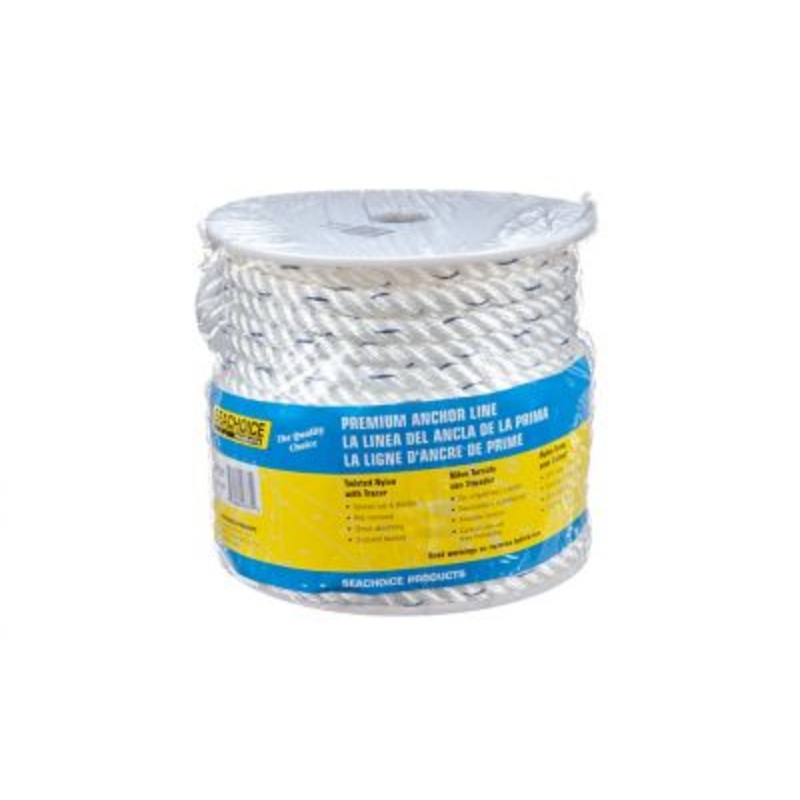 Seachoice 47731 Premium 3-Strand Twisted Nylon Anchor Line White With Blue Tracer, 1/2″ x 100′