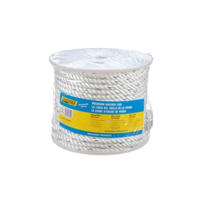 Seachoice 47751 Premium 3-Strand Twisted Nylon Anchor Line White With Blue Tracer, 1/2″ x 200′