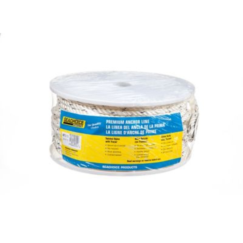 Seachoice 47911 Premium 3-Strand Twisted Nylon Anchor Line White With Blue Tracer, 3/8″ x 200′