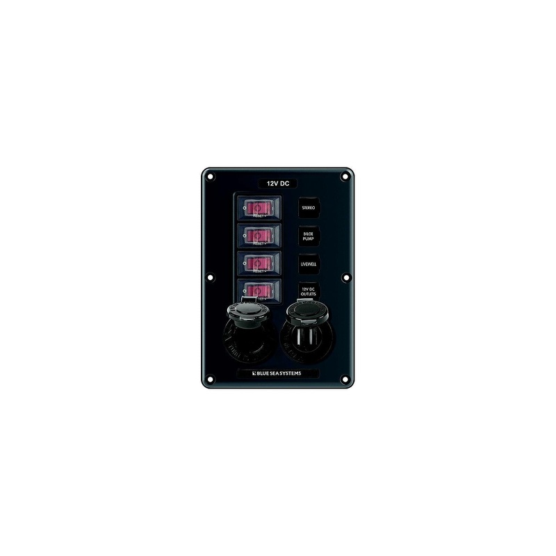 Blue Sea Systems 4321-BSS 4321 Water-Resistant Circuit Breaker Switch Panel, 4 Position w/12V Socket & Dual USB Charger